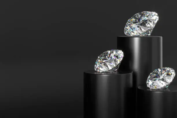 Three expensive diamonds on stands on a black background. Exhibition of precious stones. Perfect cut. 3d rendering.