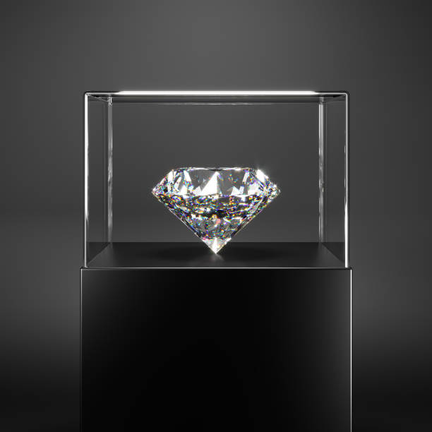 유리 돔 아래 스탠드에 비싼 다이아몬드. 완벽한 절단 및 가벼운 굴절을 보여줍니다. 3d 렌더링. - pedestal museum art museum exhibition 뉴스 사��진 이미지