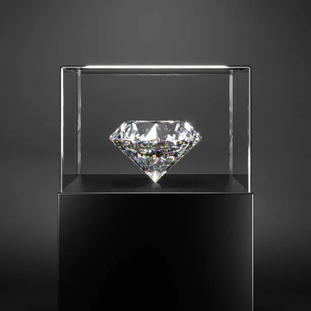 An expensive diamond on a stand under a glass dome. Shows perfect cut and light refraction. Jewelry showcase. 3d rendering.