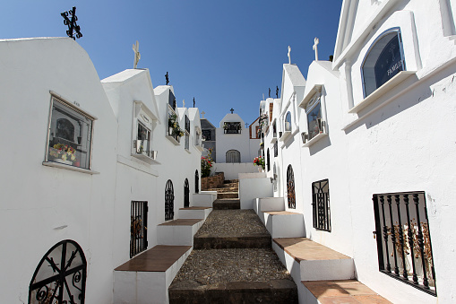 Several graves in the Casabermeja cemetery which is one of the most famous cemeteries in Malaga, Andalusia. Spain