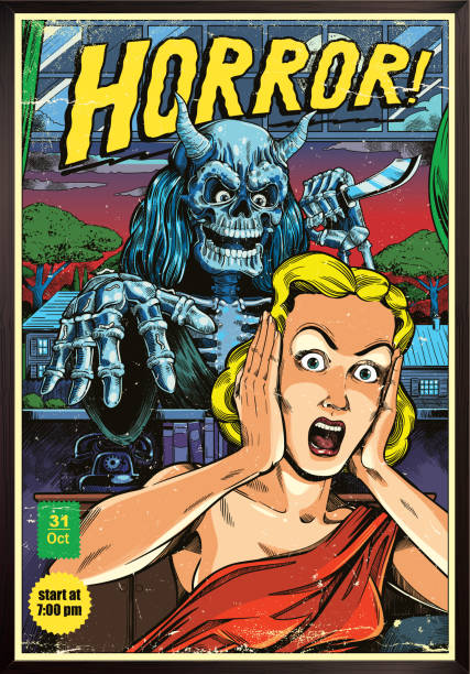 Horror poster Classic horror comic book cover with screaming woman flyer leaflet illustrations stock illustrations
