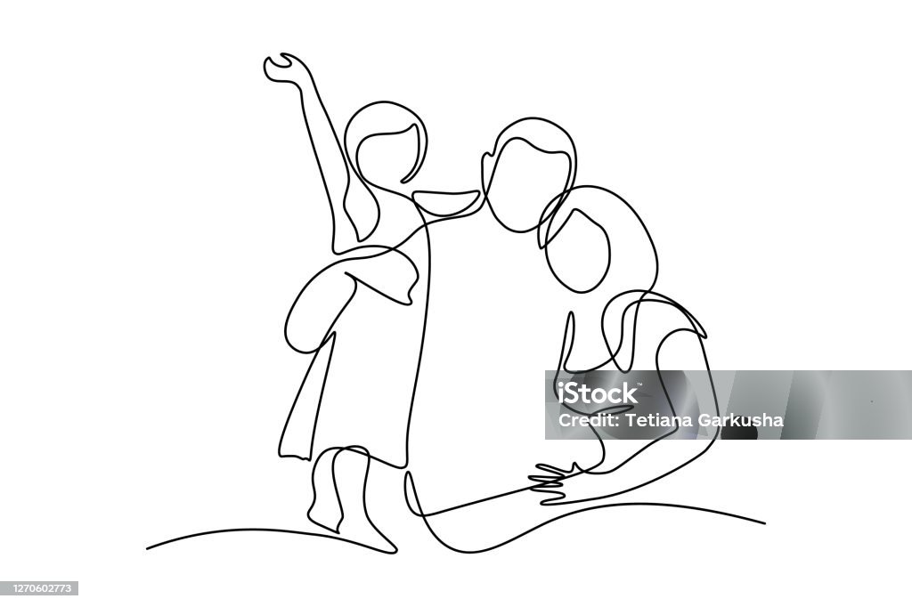 Happy family Happy family in continuous line art drawing style. United family portrait of parents and their little girl kid black linear sketch isolated on white background. Vector illustration Family stock vector