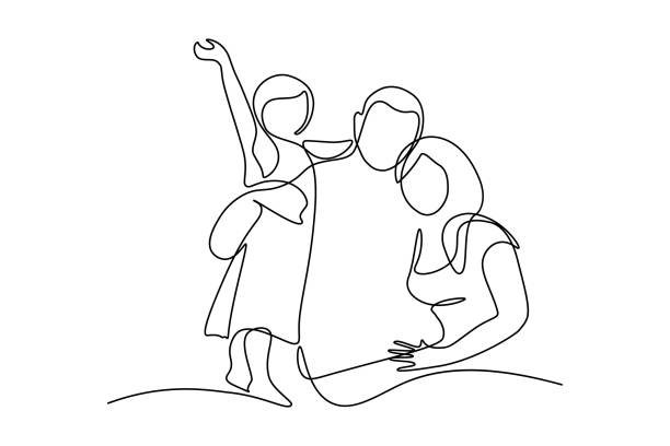 Happy family Happy family in continuous line art drawing style. United family portrait of parents and their little girl kid black linear sketch isolated on white background. Vector illustration girls illustrations stock illustrations