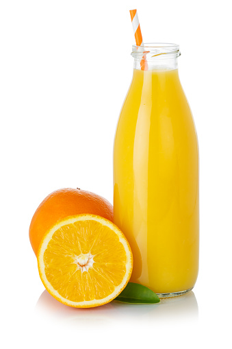 Orange fruit smoothie juice drink straw oranges in a bottle isolated on a white background