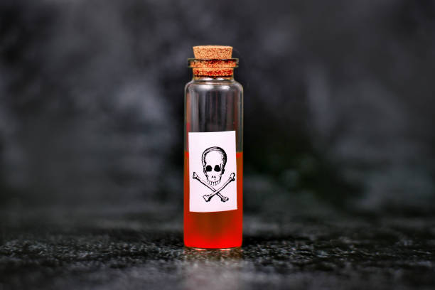 istock Small vial with cork and red liquid and poison skull label 1270604376