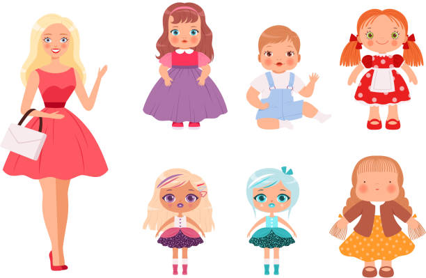 Dolls for kids. Funny children toys male and female cute models for playing vector illustrations Dolls for kids. Funny children toys male and female cute models for playing vector illustrations. Doll collection female girl for young children doll stock illustrations