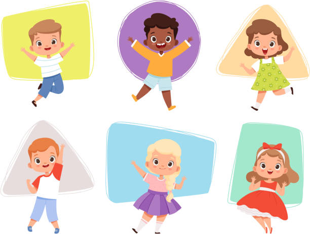Happy kids jumping. Action childrens in different poses sitting playing joyful running cute male and female characters vector boys and girls Happy kids jumping. Action childrens in different poses sitting playing joyful running cute male and female characters vector boys and girls. Action fun kid girl and boy jump illustration dance moves cartoons stock illustrations