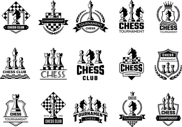 Chess labels. Sport stylized silhouettes of chess figures knight rook pawn vector illustration of badges Chess labels. Sport stylized silhouettes of chess figures knight rook pawn vector illustration of badges. Emblem chess competition, queen and king bishop clergy stock illustrations