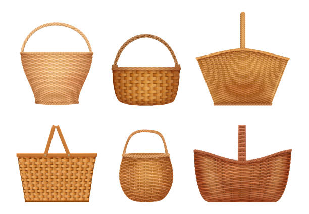 Wicker basket. Handcraft decorative picnic containers for nature products vector realistic illustrations Wicker basket. Handcraft decorative picnic containers for nature products vector realistic illustrations. Basket wicker, container handmade for picnic and easter basket stock illustrations