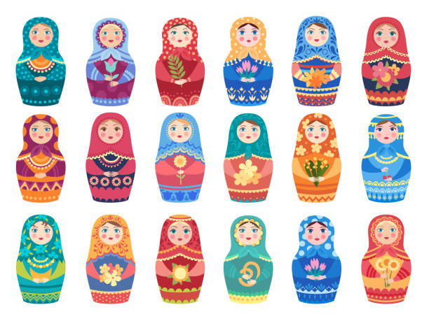 러시아어 인형 색상. 전통적인 모스크바 장난감 정통 꽃 색깔 의 장식 여성 또는 소녀 벡터 문자 - russian nesting doll doll matrioska russian culture stock illustrations