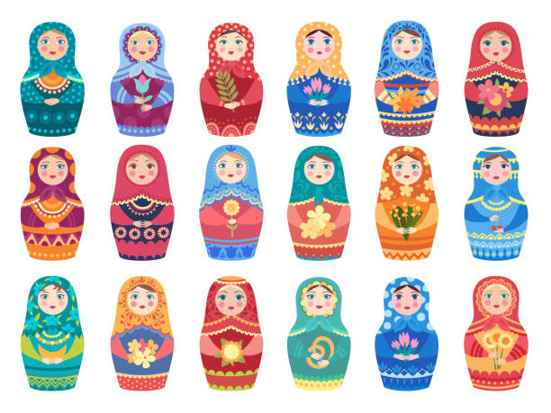 ilustrações de stock, clip art, desenhos animados e ícones de russian doll colored. traditional moscow toys authentic floral colored decoration woman or girl vector characters - russian nesting doll doll russia decoration