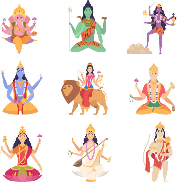 indyjskich bogów znaków. fantasy maskotki kultury indyjskiej vishnu ganesha lakshmi ilustracje wektorowe - ganesha indian culture india vector stock illustrations