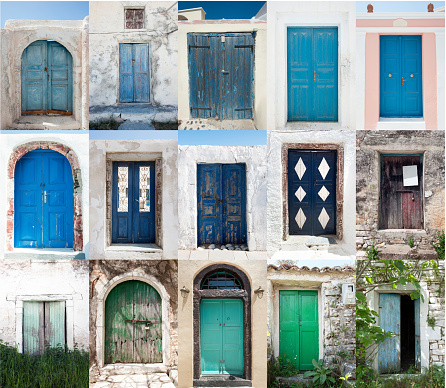a collage of old wooden doors in Greece , in turquoises, blues and greens