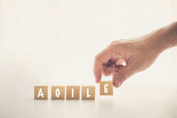 istock Agile and Scrum in Software Development concepts, Hand pick wooden cube and place with text to fill the word AGILE. Brochure design template, card, banner with copy space for label text. 1270605495