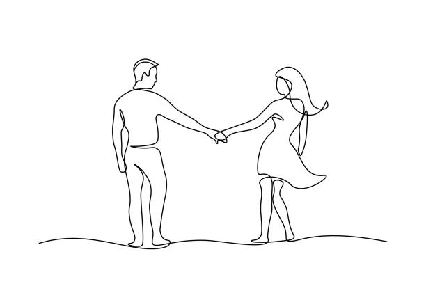 Couple walking holding hands Couple walking together holding hands in continuous line art drawing style. Loving man and woman. Romantic date. Black linear sketch isolated on white background. Vector illustration walking drawings stock illustrations
