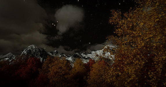 Digitally generated beautiful autumn night landscape/scenery with multi colored deciduous trees and snow capped mountains in the background.\n\nThe scene was rendered with photorealistic shaders and lighting in Autodesk® 3ds Max 2020 with V-Ray 5 with some post-production added.