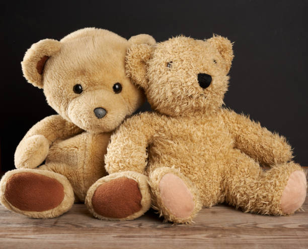istock two brown teddy bears are sitting on a brown wooden table, black background 1270609506