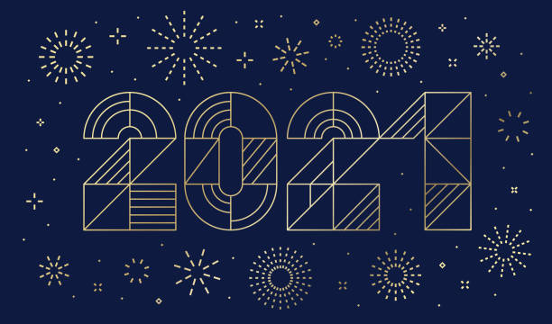 ilustrações de stock, clip art, desenhos animados e ícones de geometric happy new year 2021 greeting card with fireworks - 0 1 year