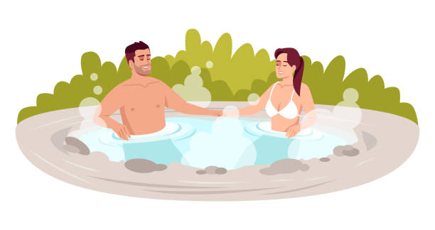 ilustrações, clipart, desenhos animados e ícones de spa resort japonês semi plano rgb ilustração vetorial de cor - couple hot tub spa treatment health spa