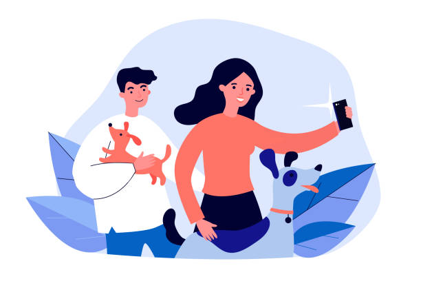 Happy dog lovers taking selfie Happy dog lovers taking selfie. Men and woman holding pets in arms and posing for phone camera flat vector illustration. Animal care, photography concept for banner, website design or landing web page landing touching down stock illustrations