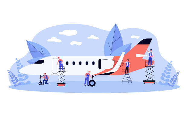 Aviation service team working on airplane Aviation service team working on airplane. Men in overalls doing mechanic and repair works with plane. Vector illustration for hangar, aircraft maintenance concept airplane mechanic stock illustrations