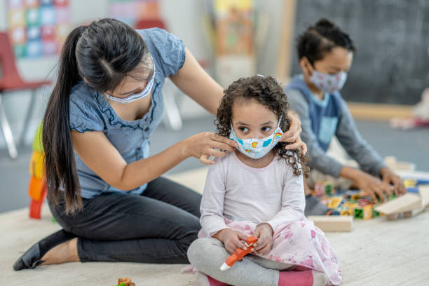 istock Daycare instructor adjusting child's mask 1270614752