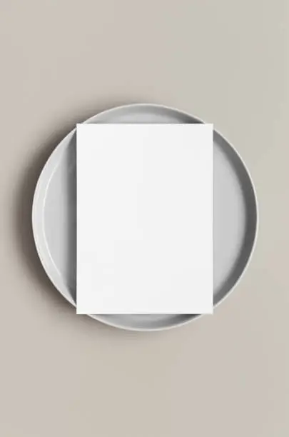 Invitation white card mockup on a plate, 5x7 ratio, similar to A6, A5.