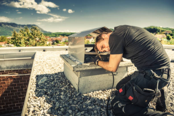 chimney sweeper cleaning a chimney - chimney sweeping imagens e fotografias de stock