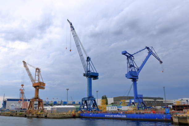 August 21 2020 - Rostock-Warnemünde, Mecklenburg-Vorpommern/Germany: Details of industry port and dockside cranes at the europort harbour in Rostock