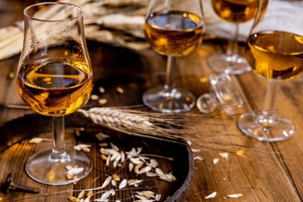 proefglazen met gerijpte schotse whisky of bourbon op oude donkere houten uitstekende lijst met gerstkorrels - spey scotland stockfoto's en -beelden