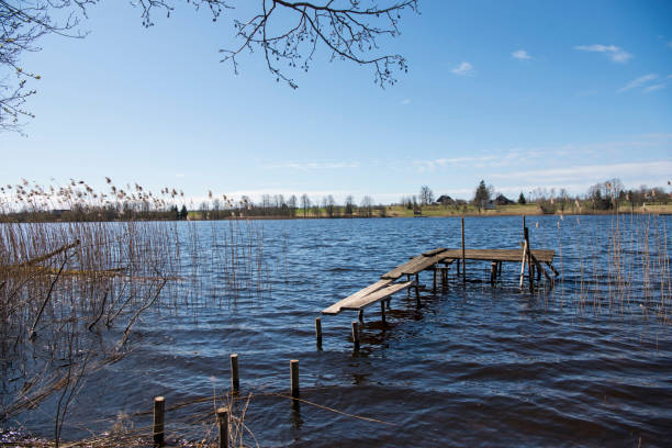 istock Small old wooden pier on still lake. Spring sunny Day. 1270617165
