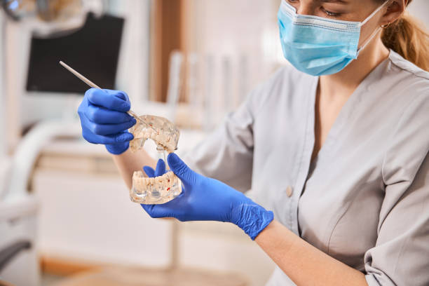 istock Qualified dentist teaching about dental health with model teeth 1270617239