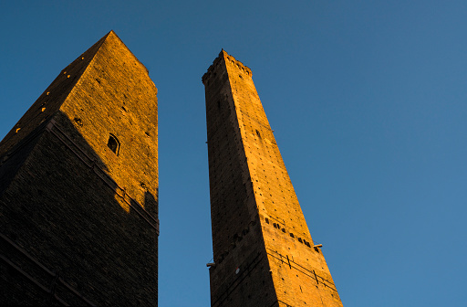 Low angle view of Two Towers (Due Torri), Asinelli and Garisenda, Bologna, Italy