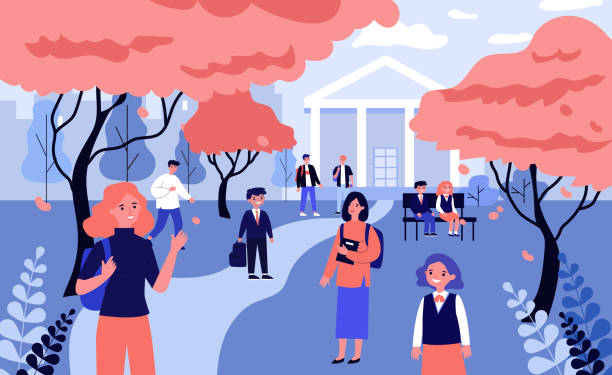 Students in schoolyard Students in schoolyard. Children and teenagers walking among red trees and school building flat vector illustration. Autumn, back to school concept for banner, website design or landing web page university illustrations stock illustrations