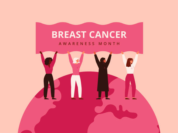 ilustraciones, imágenes clip art, dibujos animados e iconos de stock de las mujeres con cintas rosas se paran en la tierra y mantienen juntos cartel mes de concientización sobre el cáncer de mama. - cáncer de mama ilustraciones