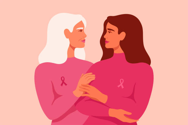 Young woman and senior woman with pink ribbons stand together. Young woman and senior woman with pink ribbons stand together. Breast Cancer awareness month concept of support and solidarity with women fighting oncological disease. Vector illustration october illustrations stock illustrations