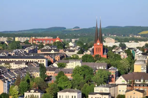 Chemnitz city, Germany. Urban aerial view in warm sunset light of Sonnenberg district.