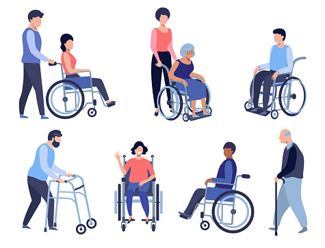 Wheelchair person, Disabled people set. Volunteer helps seniors, Care older people, and Patient health support concept illustration.