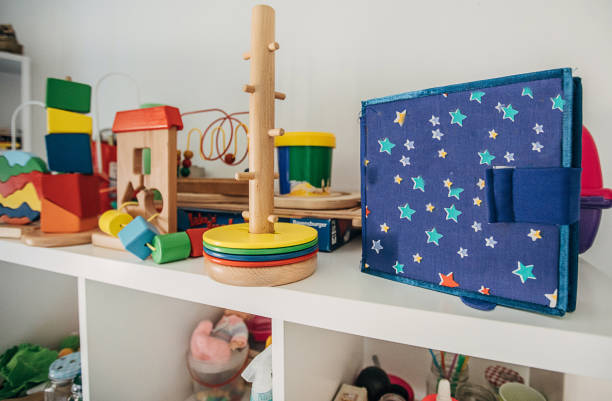 Shelves with toys in speech therapy clinic
