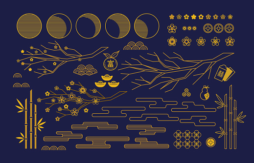 Vector set with elements, Chinese icons and traditional symbols for decoration cards, web design, banners for Chinese New Year, Happy Mid Autumn Festival. Isolated. Gold colored, flat design style.