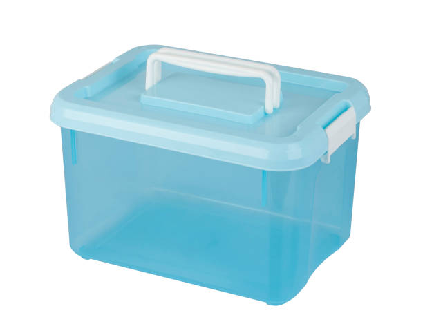 istock Light blue plastic box with cover isolated on white 1270621381