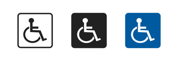 illustrazioni stock, clip art, cartoni animati e icone di tendenza di icona del vettore impostato disabilitata in stile piatto. simbolo della linea handicap. disabilitare il logo blu - disabilità