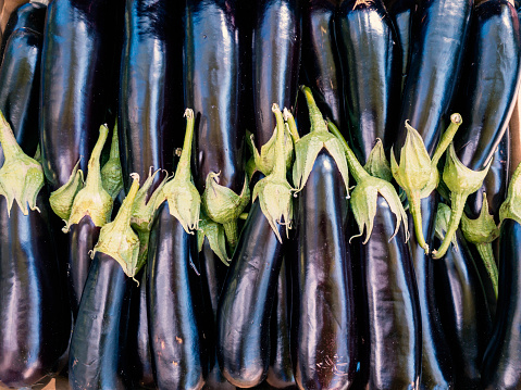 Fresh and organic aubergines (eggplant) on market stall.
