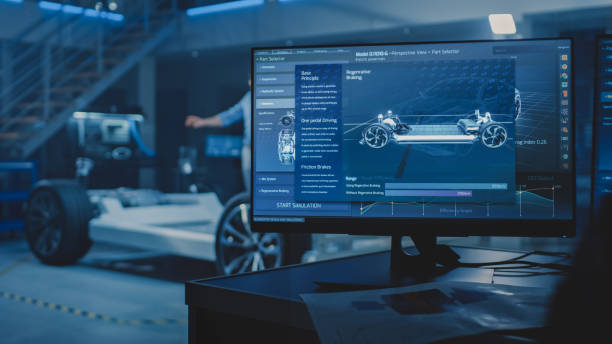istock Auto Industry Design Facility Screens Show 3D Cad Software: Electric Vehicle Platform Chassis Prototype and Concept with Wheels, Engine and Battery. Engineers and Developers Application 1270623347
