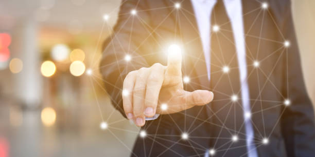 istock Businessman hands touching point network connection on blurred background. 1270623791
