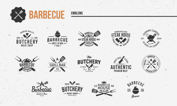 Barbecue, Steak House vintage logo set. Set of 14 barbecue restaurant logo templates. Trendy BBQ grill emblems, labels, posters. Vintage graphics for restaurant, bbq, steak house, meat shop. Vector illustration bbq logos stock illustrations