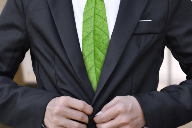 istock Businessman in suit with green leaf as tie. Environment save concept. 1270627050