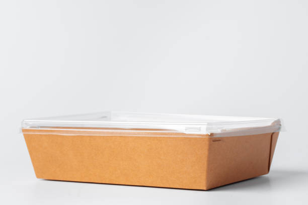 istock Craft paper disposable box with plastic cover on grey background, copy space 1270627123