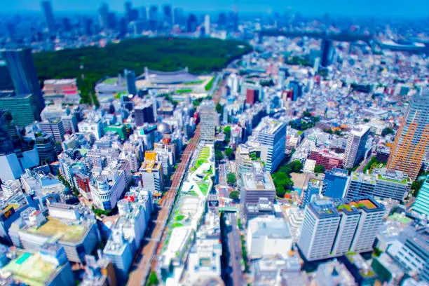 A miniature cityscape at Miyashita park in Shibuya Tokyo high angle. Shibuya district Tokyo / Japan - 08.03.2020