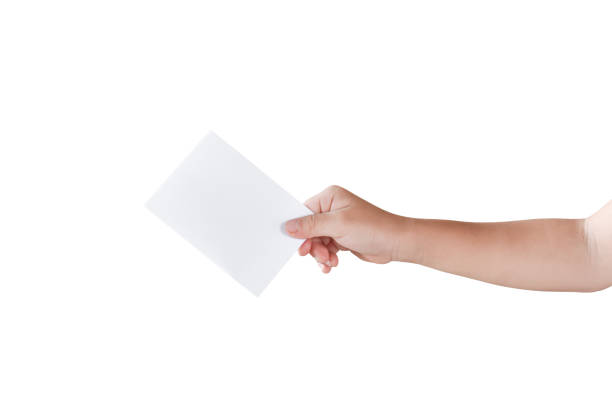 Child hand holding business card ( white paper card ) Isolated on white background